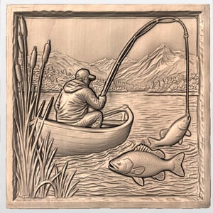 Fishing Boat Lake Scene 3D Relief STL view 3