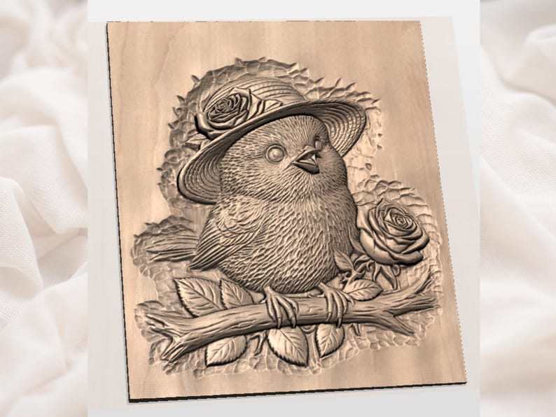 May include: A wooden relief carving of a bird wearing a hat, perched on a branch with roses and leaves. The bird has detailed feathers and a slightly open beak. The carving is in a natural wood tone.