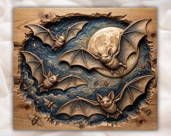 Murciélagos y Luna STL / Arte en relieve del cielo nocturno / Decoración de pared de Halloween / Lindo dibujo de murciélagos / Diseño de tallado en madera / Archivo de placa gótica