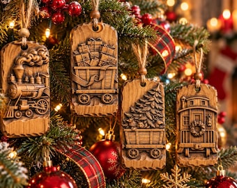 Vintage Steam Train Christmas Ornaments CNC Relief STL | Holiday Tree Decor | VCarve Aspire Woodworking Model