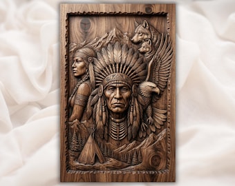 Native Chief File | Spirit Animal Carving | Teepee Forest Artwork | Western Rustic Decor | Engraved Wood Look | Heritage Wall Plaque