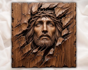 Crown of Thorns Jesus Portrait CNC Relief STL | Christian Wood Carving Design | Sacred Religious Wall Art Panel