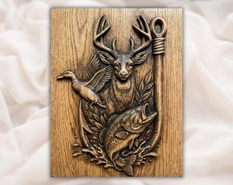 Deer Duck Bass Trophy Wall Art Panel | Hunting Fishing Hook 3D Relief STL | Rustic Cabin Lodge Decor