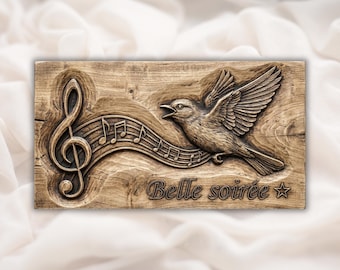 Songbird Music 3D Relief STL | Treble Clef Notes Wall Sign Wood Grain Carving Panel | CNC Router File, 3D Print, Laser Engrave | Home Decor