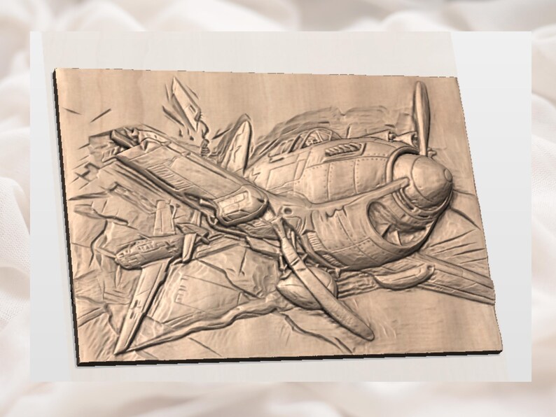May include: A detailed wooden relief carving of a vintage airplane. The artwork showcases the plane's propeller, cockpit, and wings, all rendered in a warm, natural wood tone. The carving is mounted on a rectangular wooden plaque.