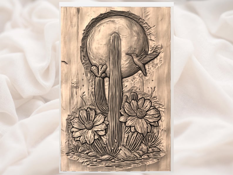 Hummingbird Cactus Moon 3D Relief STL File | Desert Floral Wood Grain CNC Carving | Western Wall Art | 3D Print & Laser Engraving image 2