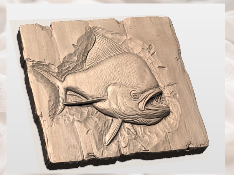May include: A detailed relief carving of a fish with an open mouth, set against a textured wooden background. The fish is sculpted with intricate detail, showcasing scales and fins. The artwork is in a natural wood tone, suggesting a rustic or nautical theme.