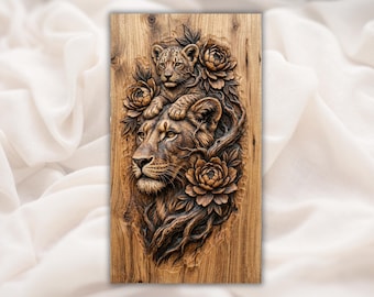Lwica i młode, relief 3D STL | Plik do rzeźbienia w drewnie frezarką CNC | Panel ścienny z motywem dzikiej przyrody i kwiatów lwa | Grawerowanie laserowe i druk 3D
