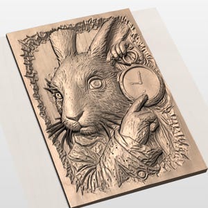 White Rabbit with Pocket Watch 3D Relief STL view 3