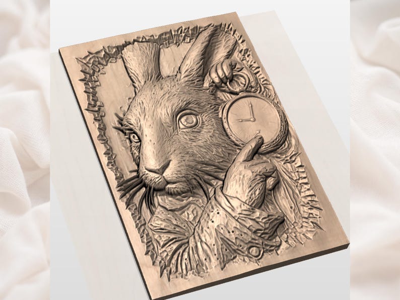 May include: A detailed wood carving of the White Rabbit from Alice in Wonderland, holding a pocket watch. The rabbit is depicted in a jacket and waistcoat, with a worried expression. The carving is framed by a decorative border.