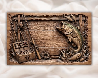 Sprzęt do połowu okoni (STL) | Tabliczka ścienna na wędkę, kołowrotek i przynętę | Dekoracja domku nad jeziorem | Panel rzeźbiony w drewnie