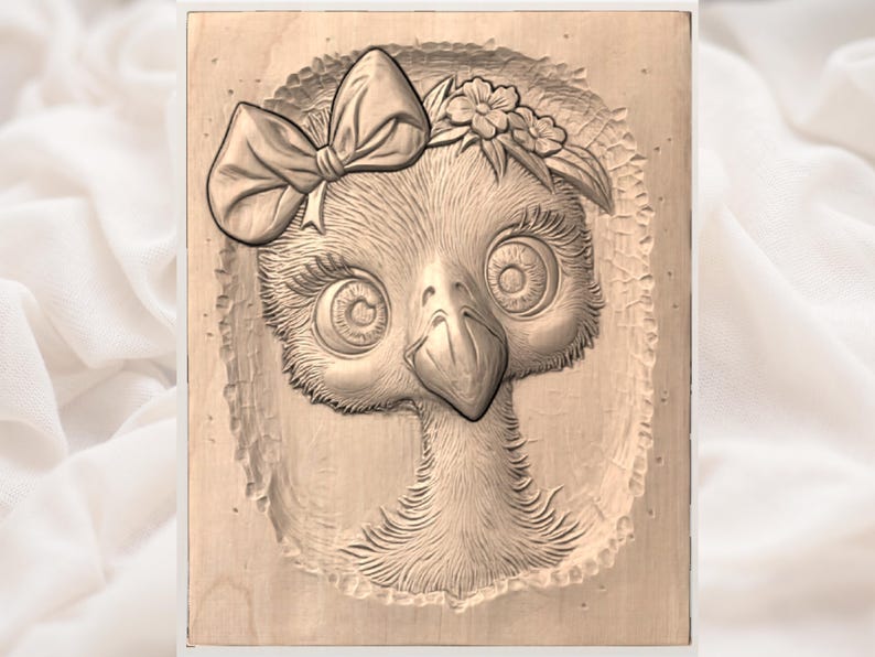 May include: A wooden panel with a carved relief of a bird's face. The bird has large eyes, a bow, and a floral crown. The artwork is in a light brown colour, with intricate details and textures.
