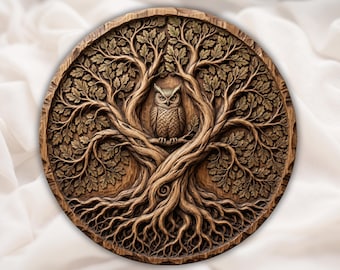 Escultura em relevo CNC de coruja em carvalho antigo (STL) | Painel circular de madeira natural | Design para roteador CNC Aspire VCarve Pro Carveco ArtCAM
