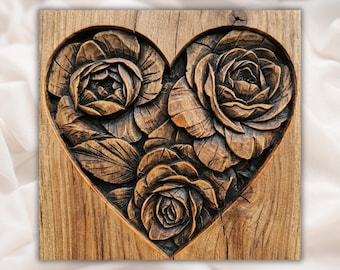 Heart Roses 3D Relief STL File | Floral Heart Wood Grain CNC Carving | Romantic Wall Art | Valentine Wedding Anniversary | CNC Laser 3dPrint