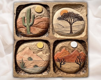 Desert Landscape STL | Southwest Cactus Mountain Relief Design | Rustic Wood Carving Set | Boho Desert Wall Art Model | Nature Scene Decor