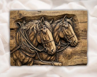 Pferdepaar STL Relief | Zugpferde Harness 3D Carving Datei für CNC | Rustikales Bauernhaus Western Wall Art Panel | Handgeschnitztes Holz STL