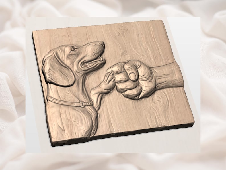 May include: A wooden relief carving depicts a dog pawing a human fist. The dog, with a collar, is rendered in detail, with its head turned towards the fist. The background is a wooden plank with visible grain.