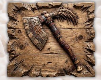 Tribal Tomahawk Axe STL | Tomahawk Relief Art | Rustic Wall Decor | Warrior Weapon Artwork | Wood Carving Design | Man Cave Plaque