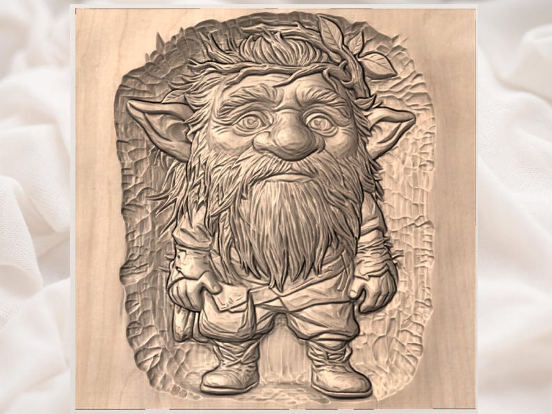 May include: A detailed wood carving of a whimsical gnome-like figure. The carving features a long beard, a leafy crown, and a satchel. The figure is dressed in a tunic and boots. The wood has a natural, light brown color, with intricate details carved into the surface.