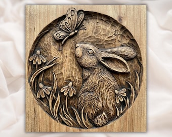 Bunny Rabbit 3D Relief STL File | Butterfly Flower Round Wood Grain CNC Carving | Woodland Nursery Wall Art | 3D Print & Laser Engraving