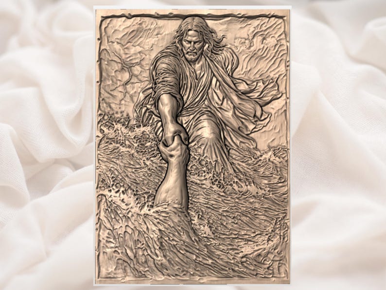 Jesús salva a Pedro (relieve 3D STL) / Escena bíblica caminando sobre el agua (panel tallado en madera con enrutador CNC) / Bajorrelieve cristiano imagen 2