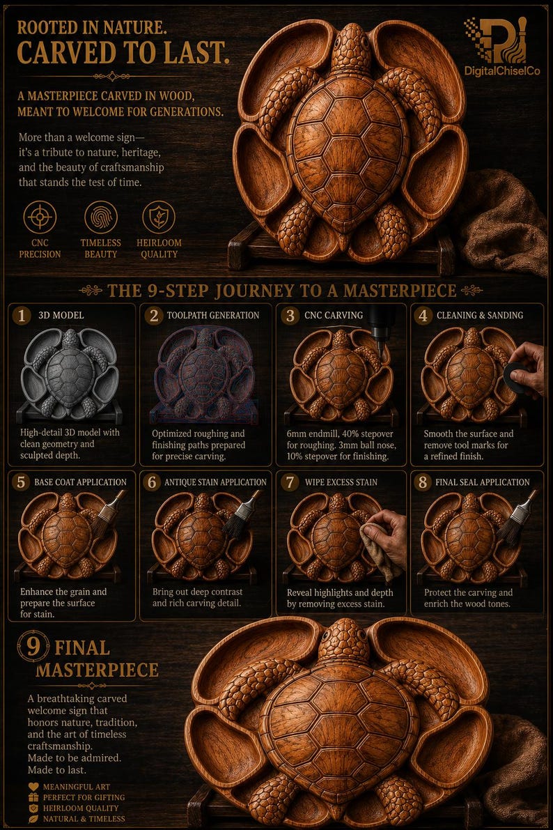 May include: A wooden wall plaque featuring a carved sea turtle design surrounded by four circular indentations. The image displays a nine-step manufacturing process including 3D modeling, CNC carving, sanding, staining, and sealing to create the final piece.