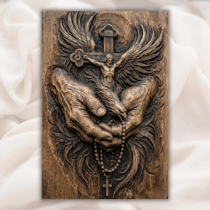 Jesus Crucifix and Rosary Hands 3D Relief STL File view 1