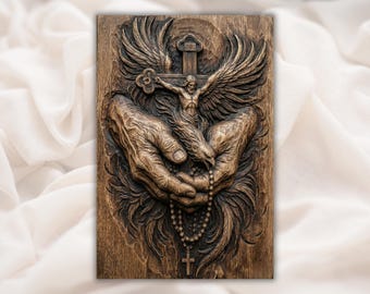 Jesus Kruzifix und Rosenkranz Hände 3D Relief STL Datei | Engelsflügel Kreuz CNC Carving | Christliche katholische Wandkunst | 3D-Druck Lasergravur