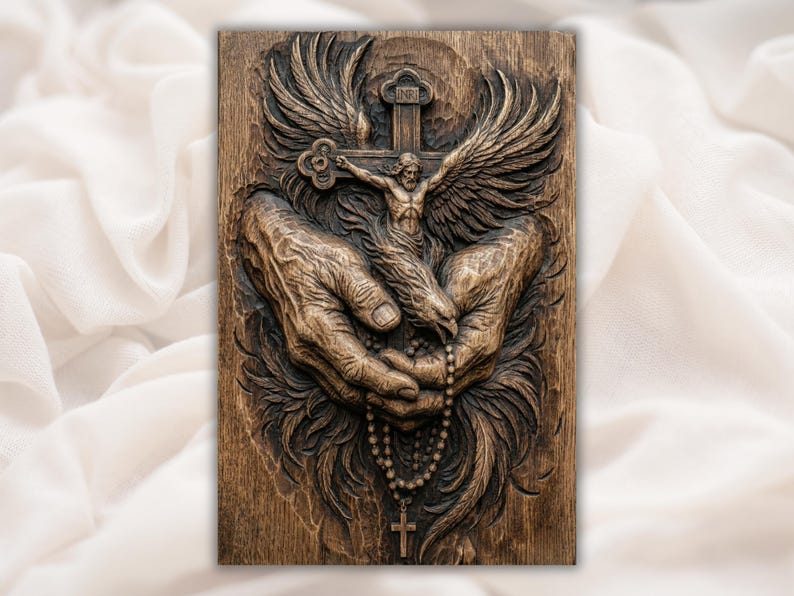 Jesus Crucifix and Rosary Hands 3D Relief STL File