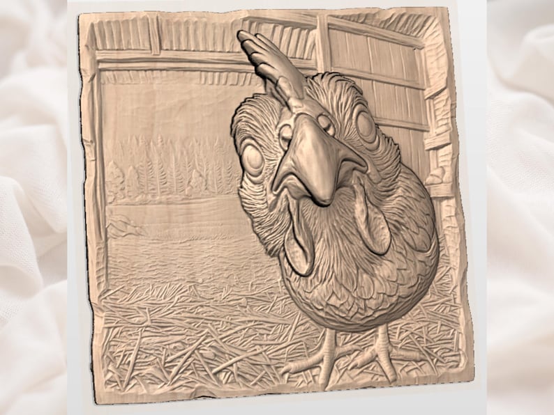 May include: A carved wooden relief depicting a close-up of a chicken with an exaggerated expression. The artwork is set against a backdrop of a barn and hay, showcasing a rustic, farm-themed design. The relief is in shades of brown.