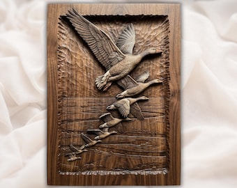 Latające gęsi, plik STL 3D Relief do frezarki CNC | Panel rzeźbiarski z drewna „Stado gęsi nad wodą” | Grafika ścienna do kabiny | Migrujące gęsi, plik STL