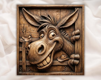 Funny Donkey 3D Relief STL | Cartoon Farm Animal Wood Carving | CNC Router Farmhouse Wall Art | Country Kitchen Donkey Lover Gift