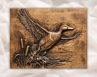 Pato volador en relieve 3D STL / Pato salpicado con vetas de madera tallado CNC / Panel de pared de fauna de marisma / Aspire, VCarve Pro, Carveco, Fusion 360, ArtCAM