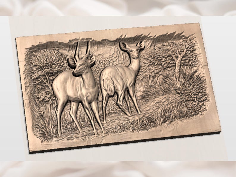 May include: A wooden relief carving depicts two deer in a natural setting. The artwork showcases detailed carving of the deer, trees, and foliage, creating a three-dimensional effect. The piece is a warm, natural wood tone.