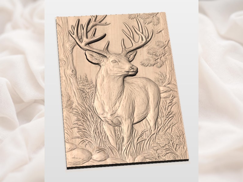 May include: A detailed wooden relief carving of a deer in a forest setting. The artwork features a stag with large antlers, surrounded by trees, grass, and rocks. The carving is in shades of brown and beige.