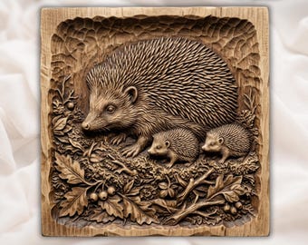 Hedgehog Mother and Babies 3D Relief STL | Woodland Cabin Wall Art | CNC Router and Laser