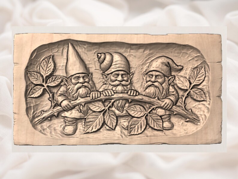 May include: A wooden relief carving depicts three gnomes holding a branch with leaves. The gnomes have long beards and pointed hats. The carving is in a rectangular shape with a light brown color.
