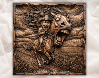 Crazy Horse Rider 3D Relief STL | Funny Western Cowboy CNC Router Wood Carving Panel | Rustic Humor Wall Art | Kids Room Decor