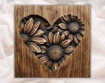 Sunflower Heart 3D Relief STL File | Floral Heart Wood Grain CNC Carving | Rustic Farmhouse Wall Art | 3D Print & Laser Engraving