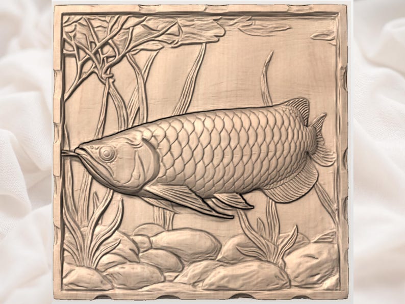 May include: A detailed relief carving of a fish, likely an Arowana, swimming in an aquatic environment. The artwork is in a square frame, with the fish's scales and fins meticulously rendered. The background includes aquatic plants and rocks, all in a warm, natural tone.