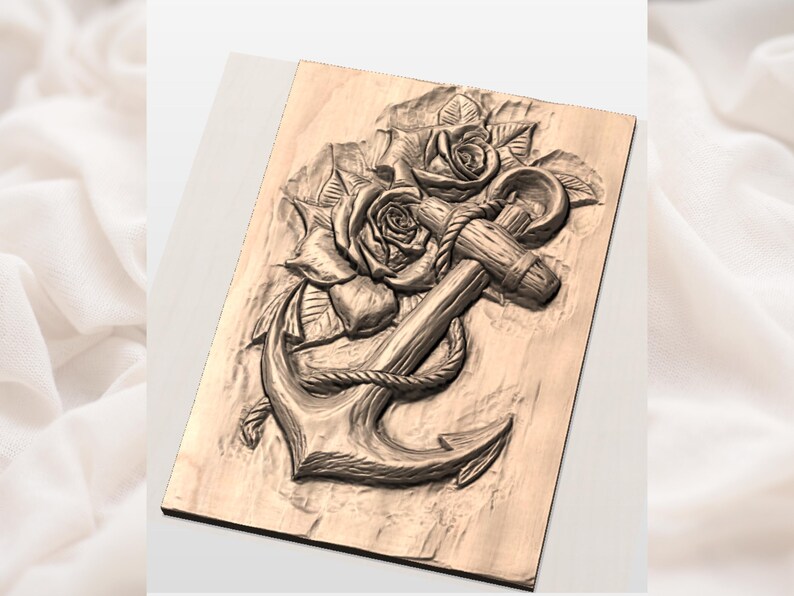 May include: A wooden relief carving of an anchor entwined with roses and leaves. The anchor is detailed with rope, and the roses are in full bloom. The carving is set against a light background, highlighting the intricate details of the design.
