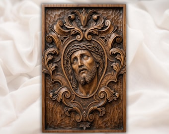 Jesus Christ Crown of Thorns Passion CNC Relief STL | Religious Christian Wall Art Panel | Ornate Baroque Wood Carving Design
