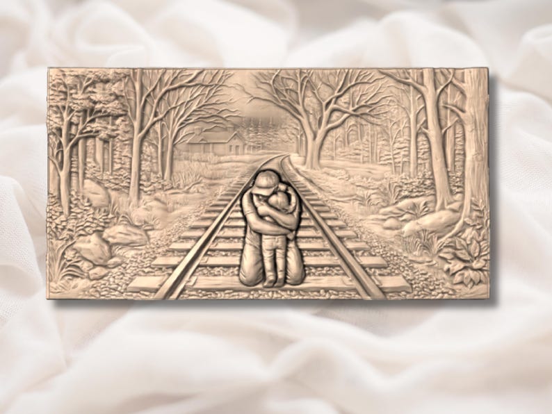 May include: A rectangular, relief carving depicts a parent and child embracing on railroad tracks. The scene is set in a forest with trees lining the tracks, leading to a distant house. The carving is in a warm, neutral tone.