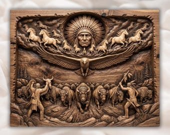 Tribal Spirit STL | Eagle Buffalo Relief | Western Wall Decor | Running Horses Artwork | Lodge Plaque File | Heritage Wall Plaque
