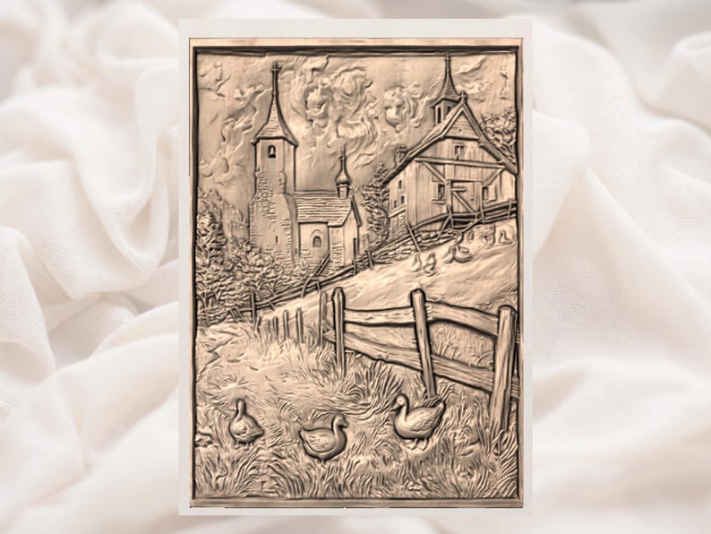 Peut inclure: Une sculpture en relief de couleur bronze repr&eacute;sentant un paysage rural avec une &eacute;glise, une grange et une cl&ocirc;ture. Trois canards sont au premier plan. L'&oelig;uvre est encadr&eacute;e et pos&eacute;e sur un fond blanc.
