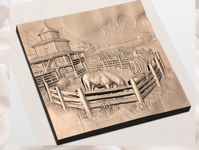 May include: A wooden relief carving depicting a rural farm scene. The artwork features a barn, a fenced pasture with horses, and rolling hills in the background. The carving is in shades of brown and beige, with detailed textures.