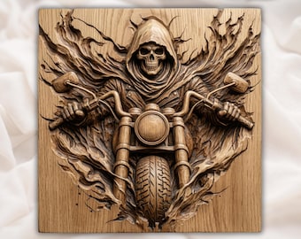 Szkielet motocyklisty, płaskorzeźba 3D, STL | Drewniany panel z rzeźbionym motocyklem Grim Reaper | Grafika ścienna z motocyklistą | Czaszka na motocyklu, STL | Płonąca tabliczka ścienna z motocyklistą