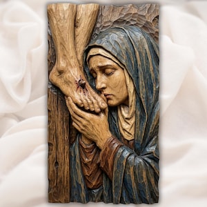 Virgin Mary Kissing Jesus Feet 3D Relief STL view 1
