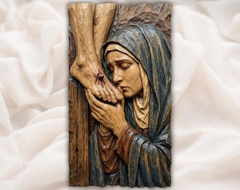 Virgin Mary Kissing Jesus Feet 3D Relief STL | Christian Faith CNC Router Wood Carving Panel | Devotional Wall Art | Christian Church Decor