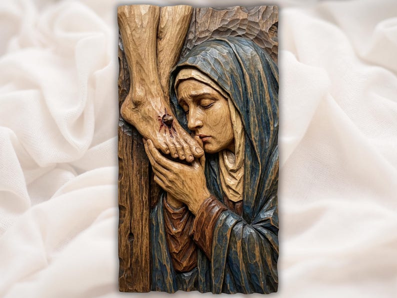 Virgin Mary Kissing Jesus Feet 3D Relief STL